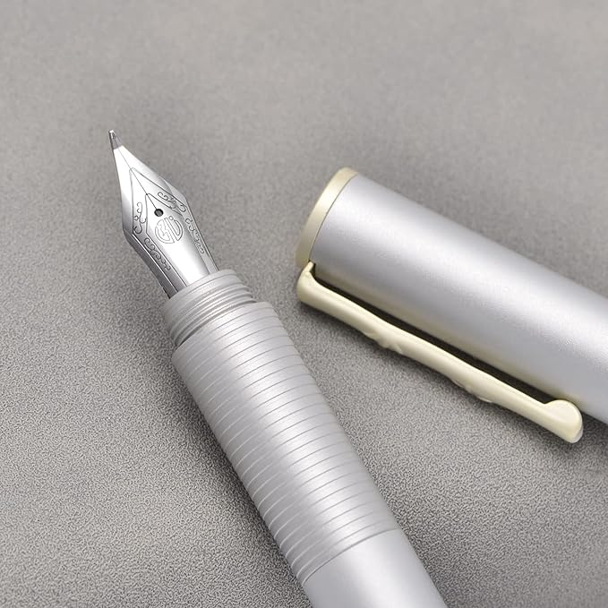 Hongdian H3 Fountain Pen Silver Bent Nib with Bamboo Pen Clip, Black Aluminum Alloy Writing Pen
