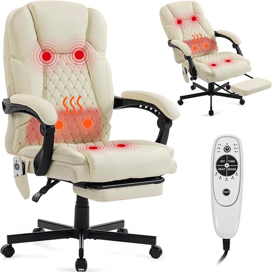 Heated Massage Executive Office Desk Chair with Footrest - Beige | 6 Points Vibration Massage System, 5 Massage Modes, 3 Target Areas (Back,Lumbar,Seat), Reclining 90°-135°
