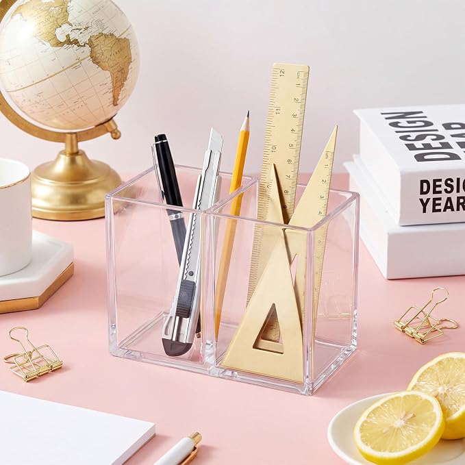 Gejoy 20 Pcs Acrylic Pencil Pen Holder Clear Makeup Brush Organizer 2 Compartments for Desktop Stationery Office Bedroom