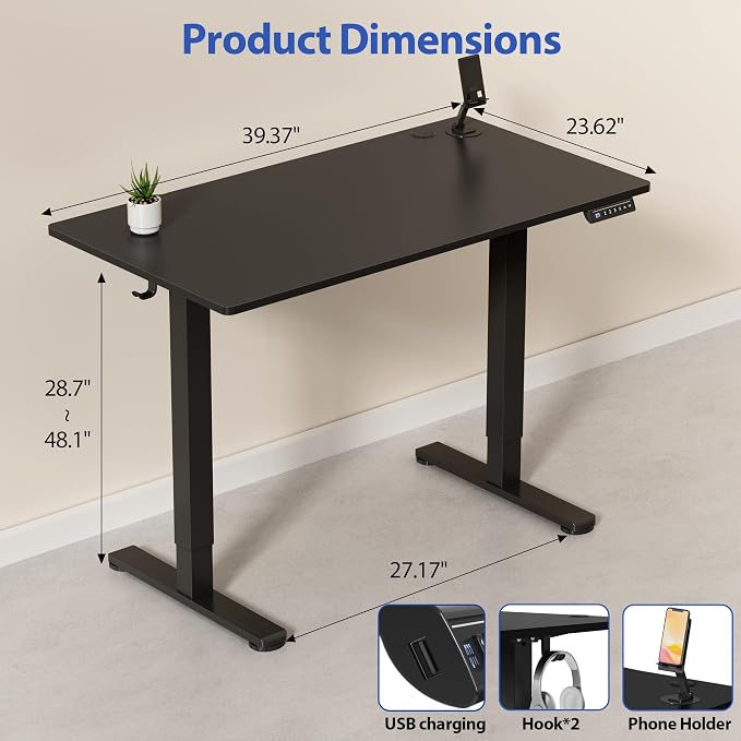 YESHOMY Height Adjustable Electric Standing Desk, 39 x 24 Inches Memory Home Office Sit Stand up Desk with Phone Holder and USB Charging Port, Black