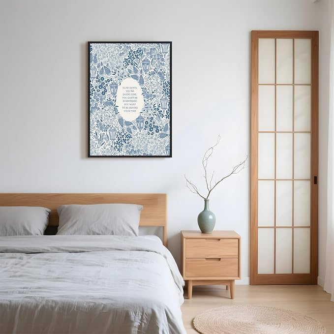 Framed Slow Down Youre Doing Fine Music Posters Motivational Quote Wall Art Blue Victorian Floral Inspirational Canvas Print Vintage Aesthetic Positive Affirmation Office Home Calming Decor 16x24inch