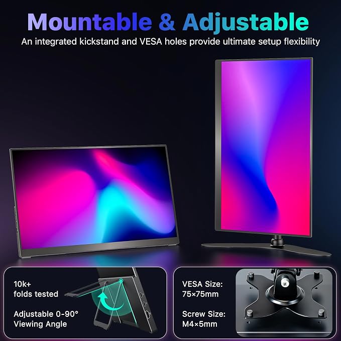 VisionOwl Portable Monitor 19 Inch 4K UHD 144Hz 560 nits 125% sRGB Second Screen, USB-C HDMI HDR Travel Monitor for Laptop PC MacBook PS5 Xbox, VESA Mountable, with Speakers, Built-in Kickstand
