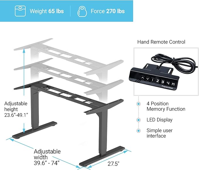 Electric Standing Desk Frame Dual Motor - Adjustable Height and Width, 3 Stages Legs for sit Stand Home Office Desks Suites Tops from 48" to 73" FLT-02 Black