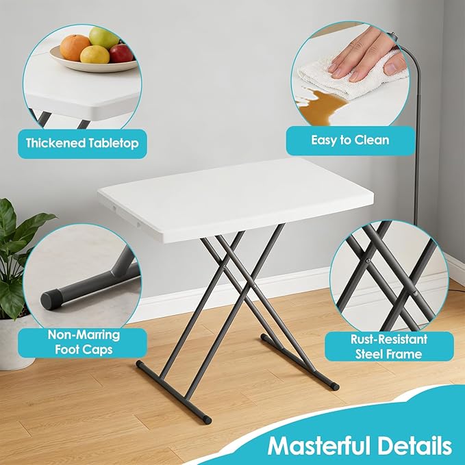 FDW 30 Inch Folding Table, Utility Foldable Table for Small Spaces, Small Desk Adjustable Height TV Tray for Laptop, Couch, Camping, No Assembly Required, White