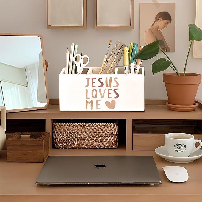 Boho Christian Inspirational Pen Holder, Christian Gifts Pencil Holder for Desk, Jesus Loves Me Bible Verse Wooden Box Sign Decorations for Kids Nursery Room Bedroom Classroom Desk Tabletop