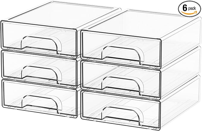 2.2'' Tall Small Clear Stackable Storage Drawers,6 Pack Stacking Acrylic Organizers Drawers for Hair Accessories,Makeup,Pen,Art Crafts,Office Supply Organizer and Desktop Plastic Mini Drawers