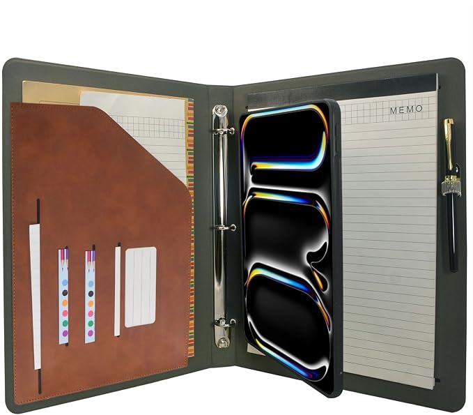 Tablet Organizer Portfolio Case with 3-Ring Binder, Binder Padfolio File Folder with Removable Tablet Holder, Compatible with 11-inch iPad Pro (M5/M4) 2025/2024 (Brown)