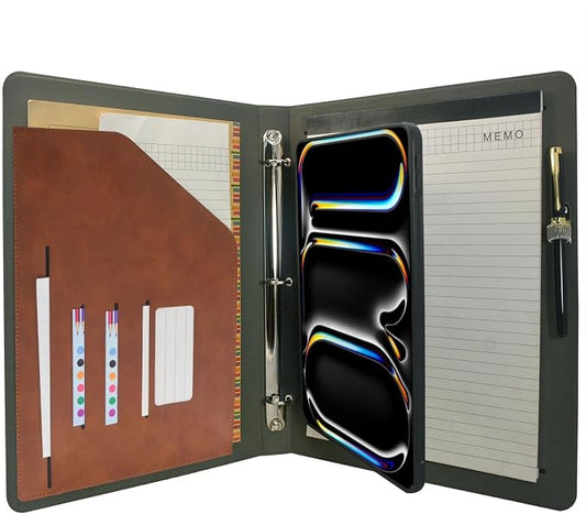 Tablet Organizer Portfolio Case with 3-Ring Binder, Binder Padfolio File Folder with Removable Tablet Holder, Compatible with 11-inch iPad Pro (M5/M4) 2025/2024 (Brown)