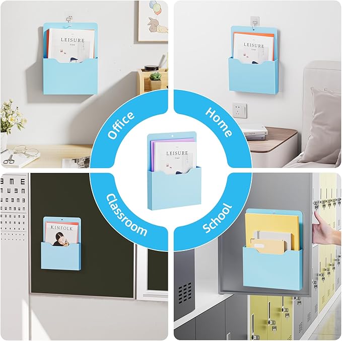 Marbrasse 2 Pack Magnetic File Holder - Paper Holder, Pocket Organizer,Hanging Wall File Organizer Office Supplies Storage, Magazine Mail Organizer Case for Notebooks,Planners,Letter (Blue)