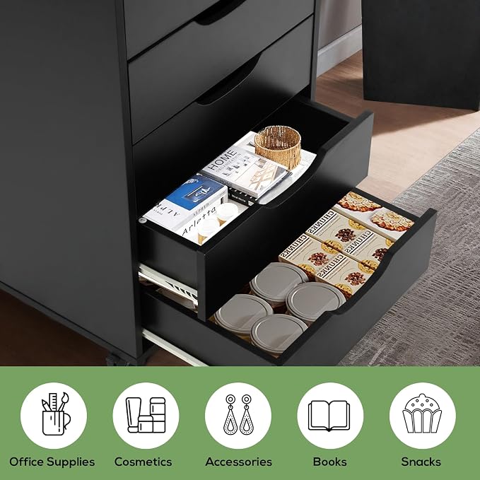 TUSY 7 Drawer File Cabinet with Wheels, Mobile Wood Storage Cabinet for Home Office, Rolling Drawer Organizer for Office Supplies, Printer Stand, Black