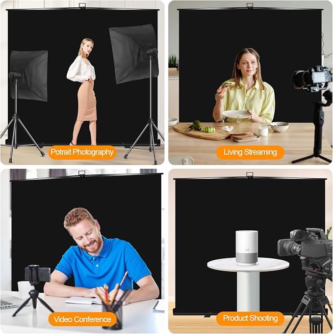 FUDESY 78.7 x 90in Large Collapsible Black Backdrop Screen Portable Retractable Panel Wrinkle-Resistant Pop Up Photo Background with Stand for Streaming, Video Conference, Photographic Studio
