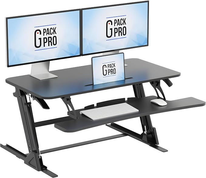 Standing Desk Converter 40 Inch, Height Adjustable to 17.3 Inches | Dual Monitor Work Surface With Keyboard Tray, Steel Frame, and Smooth Manual Lift for Home Office Setups