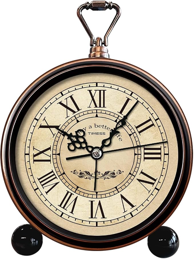 TIMESS 4.3-Inch Vintage Analog Alarm Clock, Silent Non-Ticking, White | Quartz movement, Roman numeral dial, battery operated, compact desk or table clock for bedroom, living room, and office