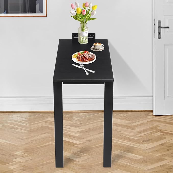 Wall Mounted Folding Dining Table, 30in L Wood Drop-Leaf Desk With Support Legs, Thickened Plate & Bearing Capacity 132lbs For Small Space, Laundry, Dining Room, Bedroom, Home Office. (Black)