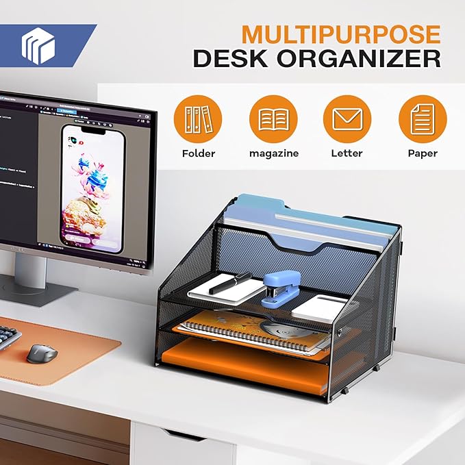 Letter Tray Organizer, Mesh Desk File Organizer with 3 Paper Trays and 2 Vertical Upright Section (White)