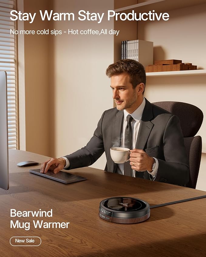 Coffee Mug Warmer for Desk, 50W Fast Heating Cup Warmer with Smart Display, 4 Temps & 12H Timer, Auto Shut Off for Tea, Milk, Hot Drinks - Dark Wood Effect