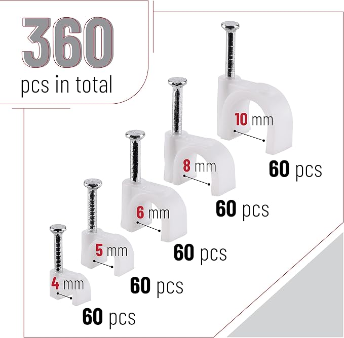 Bates Cable Clips with Steel Nails - White, 360 pcs, 4mm-10mm, Universal Cable Clips