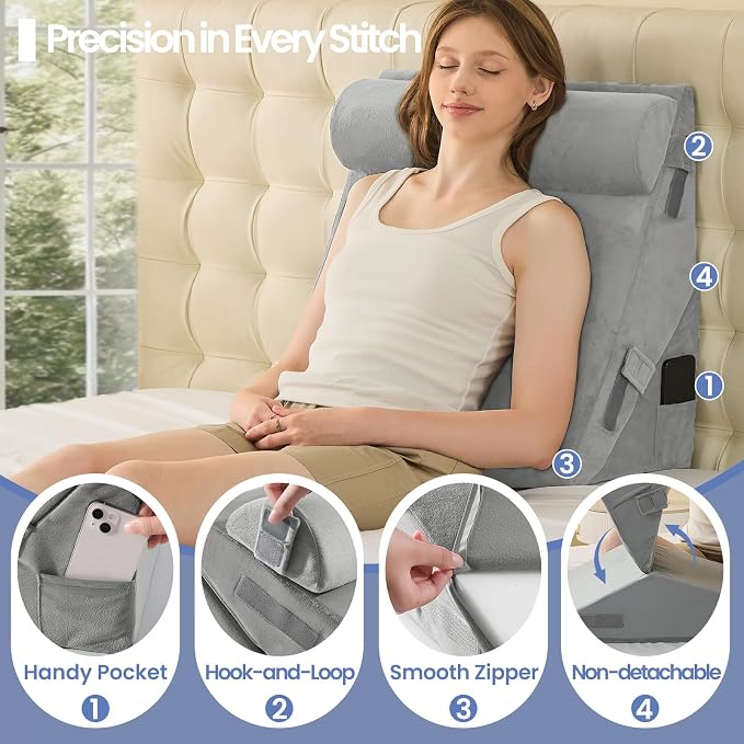 Sasttie Adjustable Wedge Pillow Set for After Surgery, Velvet - Light Grey | Bed Wedge Pillow Headboard with Memory Foam Neck Cushion, for Acid Reflux, Sleeping, Neck & Back Support