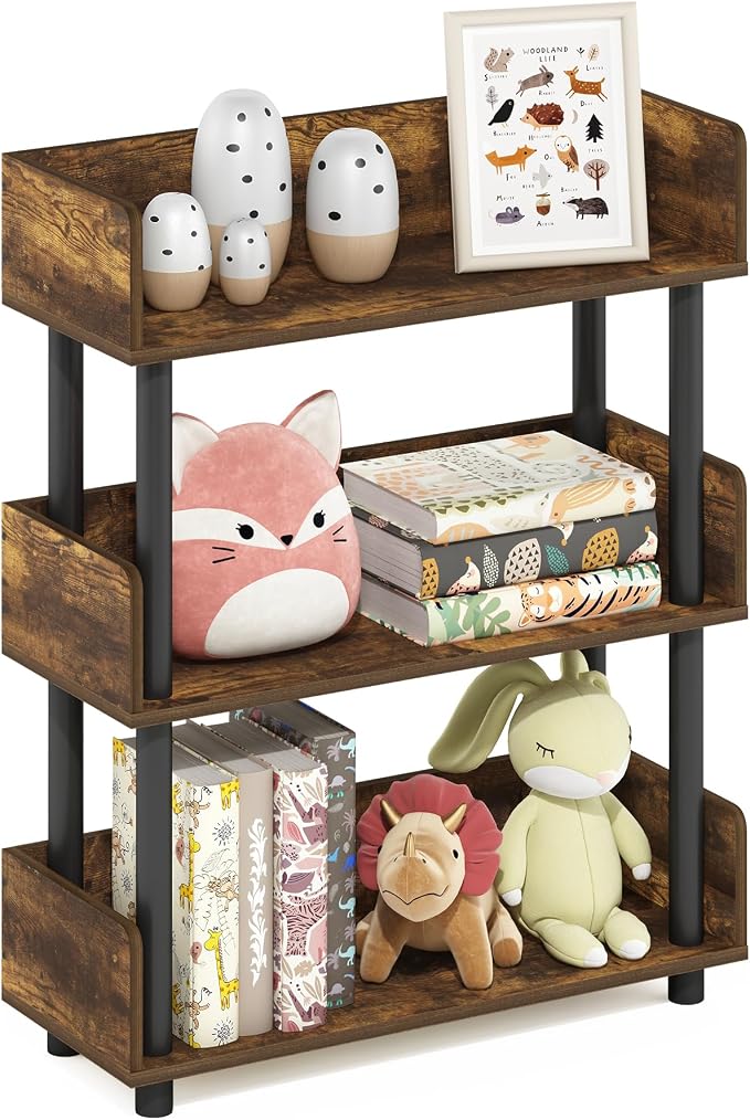 Furinno TURN-N-TUBE Display Shelf, 3-Tier Storage Shelves with Side Panels, Open Shelves Book Shelf with Rounded Corner Top Edges, for Organization and Storage, Living Room, Home Office, Amber Pine