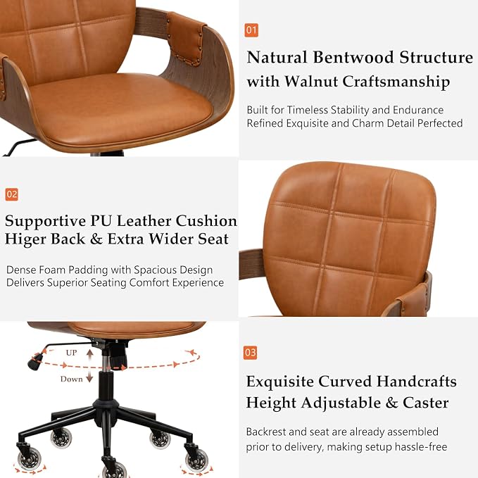 Mid Century Modern Office Chair, Floor Protective Silent Casters | Ergonomic Curved Back, Bentwood Frame, 360° Swivel & Rocking Function, Height Adjustable 19"-23", Support Up to 350 lbs