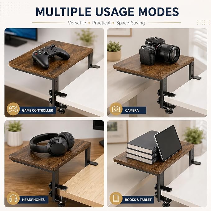Clamp-On Desk Extender, 15 x 9.5 Inch Monitor Riser | Height options, No-drill setup, 3-in-1 use, 44 lb load, Office station, Gaming area, Brown finish