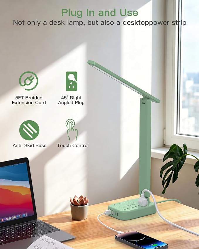 One Beat Small LED Desk Lamp Power Strip, Extension Cord with 3 Outlets 4 USB Ports(2 USB C), 4 Modes, 5 Level Touch Lamp Study Reading Light, Home Office Bedroom College Dorm Room Essentials, Green