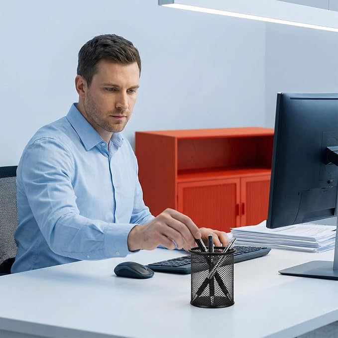 Pen Holder Mesh Pencil Holder Metal Pen Holder Cup Pencil Cup Holder for Desk Office Pen Organizer Black, 4 Pack