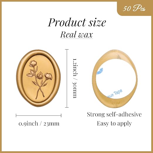 UNIQOOO Wax Seal Stickers - 3D Floral Oval Shape Wedding Invitation Envelope Seal Stickers, 50 Pcs Antique Gold, Perfect for Invitations, Christmas, Gift Wrapping