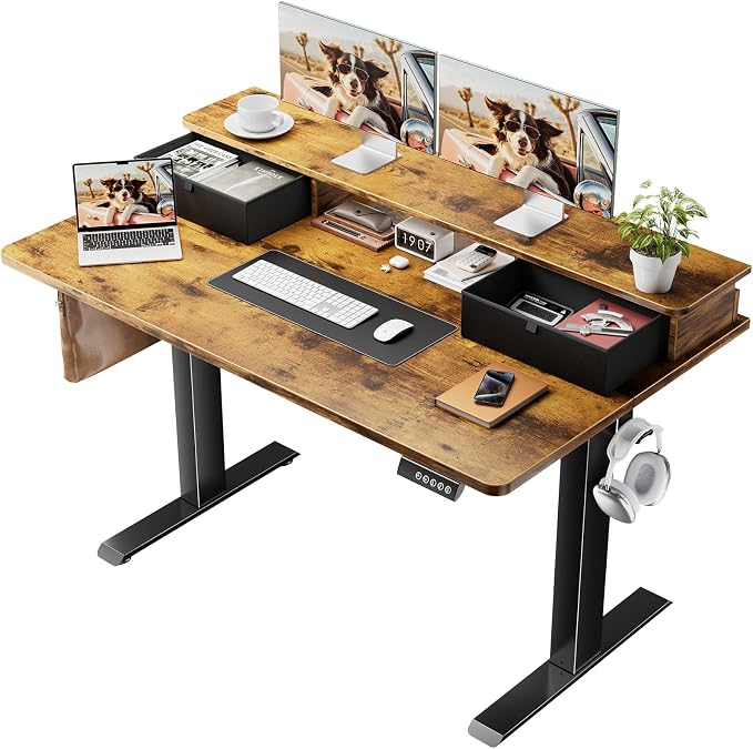 Veken 47x28 in Electric Standing Desk with Drawers, Adjustable Table, Brown | Stand up Computer Desk for Home Office, Work & Study, with Storage, 3 Memory Presets, Cable Organizer, Hook, and Quiet Lift.