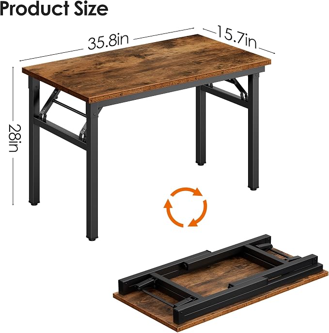 DlandHome Folding Desk for Small Spaces, 35.8 in Computer Desk Folding Table, Foldable Office Desk Writing Workstation for Home Office, Study, Bedroom, No Assembly Required, Retro & Black