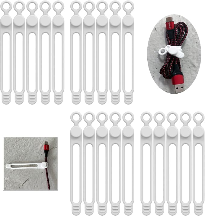 [20Park]UMUST Silicone Cable Ties, Reusable Cable Management Organizer,Cable Straps,Cord Ties,Multipurpose Elastic Cord Organizer for Bundling and Fastening Cable Cords Wires(white) | Reusable Cord Ties, Cable Strap Tie for Bundling Electronics Wire,Ho...