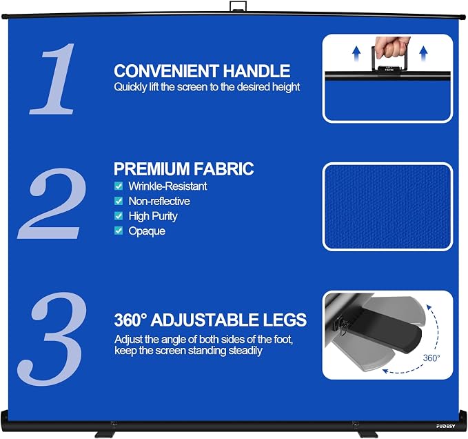FUDESY 78.7 x 90in Large Collapsible Blue Backdrop Screen, Portable Retractable Pull Up Panel Wrinkle-Resistant Photo Background for Streaming, Video Conference, Photographic Studio