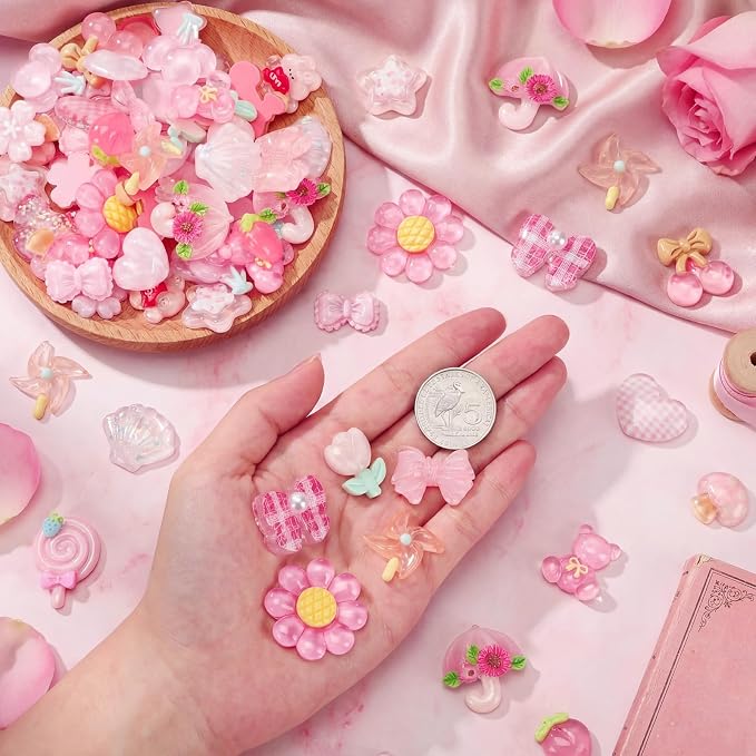 Giegxin 40 Pcs Pink Charms Bulk Cute Transparent Embellishments Pink Heart Bows Mixed Ornament Flatback Cabochon Kawaii Accessories for Jewelry Cellphone Case Scrapbooking Headband DIY Craft Making