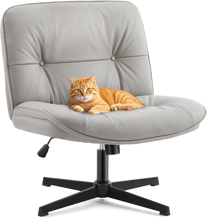 Sweetcrispy Criss Cross Chair, Wide Seat PU Leather Armless Office Desk Vanity Chair, Comfortable Adjustable Swivel Computer Task Chairs for Bedroom, Small Space Make Up, Grey
