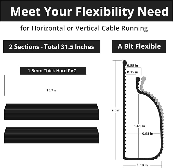 Cable Management Under Desk, 32in (2x15.75in) J Channel, Self Adhesive Cable Raceways Channel, Easy to Install Cord Cover Hider Desk Cord Organizer Electrical Black