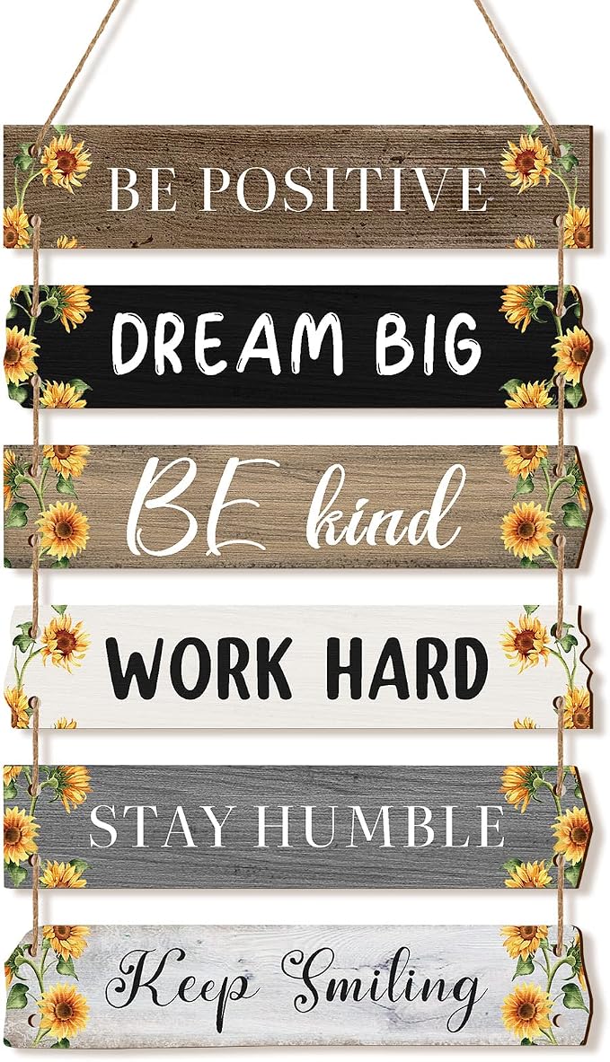 Blulu 6 Pcs Rustic Wall Hanging Plaque Sign Back to School Inspirational Wall Art Farmhouse Wooden Door Signs Positive Plaque with Quotes Motivational Quote Decor for Office Bedroom(Sunflower Style)