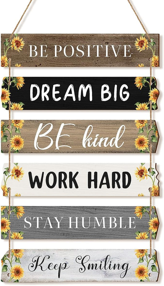 Blulu 6 Pcs Rustic Wall Hanging Plaque Sign Back to School Inspirational Wall Art Farmhouse Wooden Door Signs Positive Plaque with Quotes Motivational Quote Decor for Office Bedroom(Sunflower Style)