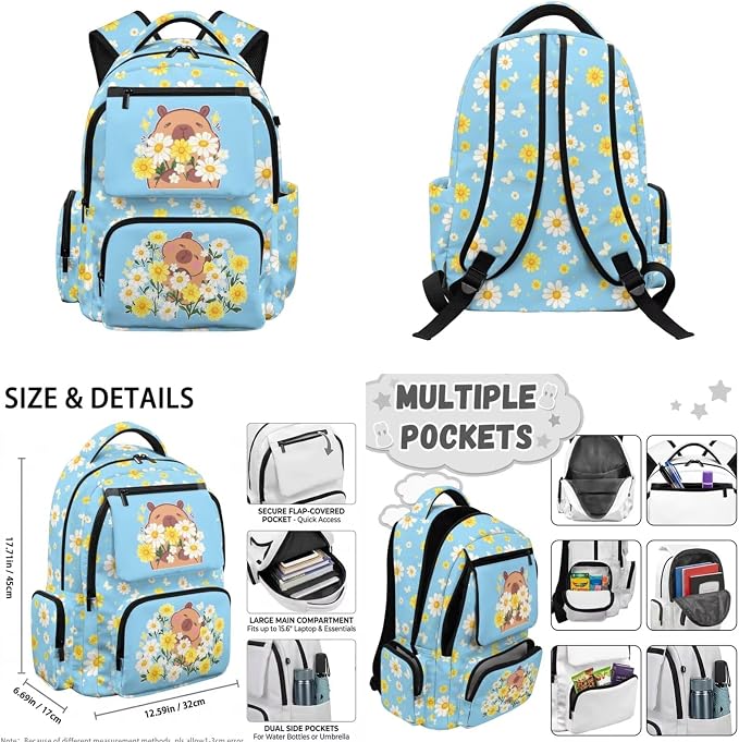 WELLFLYHOM 4 PCS Blue Daisy Floral Capybara Backpack for Girls Ages 8-12 | 4-In-1 School Bag Set with Lunchbox, Pencil Case and Water Bottle Sleeve, Ideal for Middle and High School Girls Daily Carry