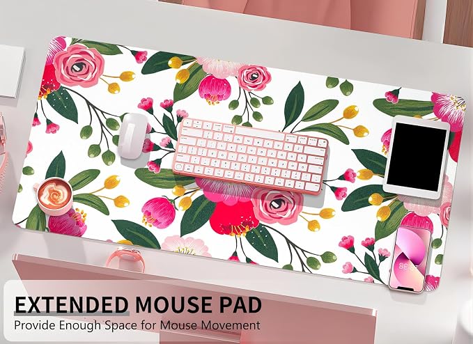 Bloss Pink Floral Desks Mat,Clearance Overstock Limited Stock Discontinued Size 31.5x15.7Inch Large Mouse Pad,Anti-Slip Computer Desk Pad,Keyboard and Mouse Pad,Pink Keyboard Protector Pad Mat