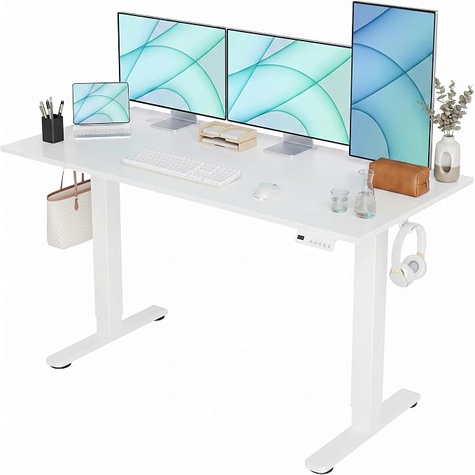 Claiks 55 x 24 Inch White Electric Standing Desk | Adjustable Height, Sit Stand, 3 Memory Presets, Cable Management, Spacious Ergonomic, Home Office & Bedroom