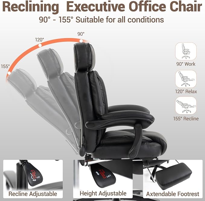 750 LBS Big and Tall Executive Home Office Chair w/Footrest, Black | PU leather, Built for Heavy People, Lumbar Airbag, High Back, Wide Seat, Reclining 90°-155°, Home Office Gaming Room