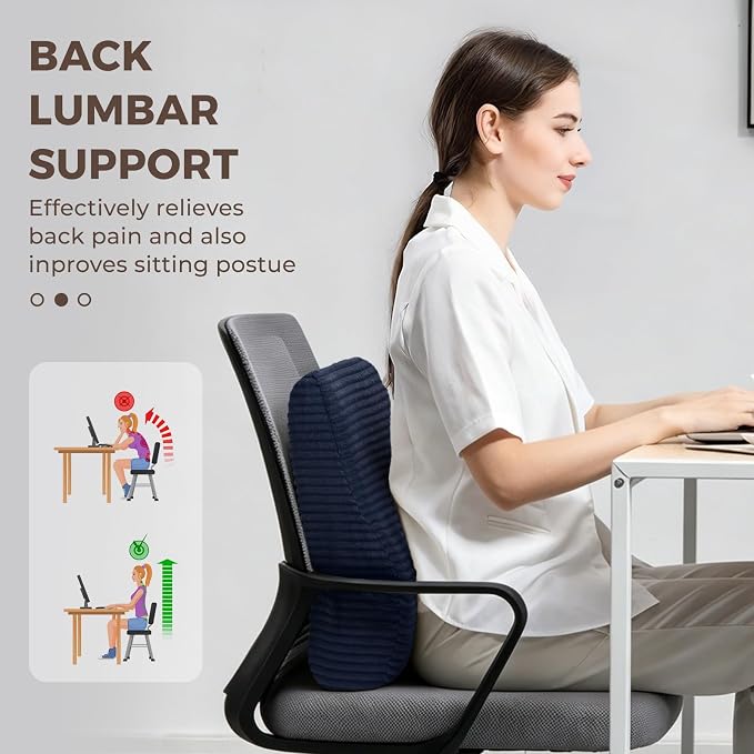 Lumbar Support Pillow for Recliner Chair/Accent Chair/Couch, Large Memory Foam Back Support Cushion for Elderly, Ergonomic Backrest Pillow for Back Rest, Pain Relief, Reading, Washable Cover, Navy