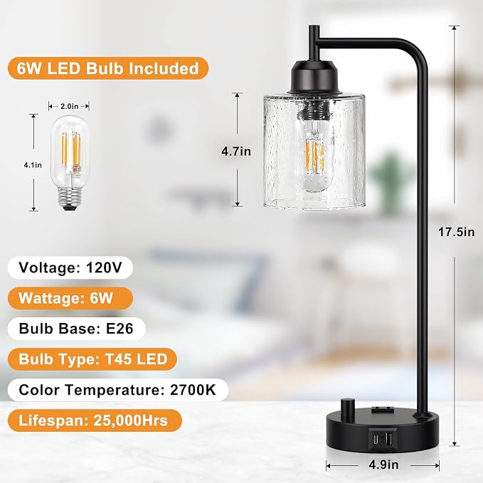 Industrial Bedside Table Lamp for Bedroom - Nightstand Lamps with USB C Charging Port, Fully Dimmable Black Ports and Outlets, Small Desk Glass Shade Office Living Room