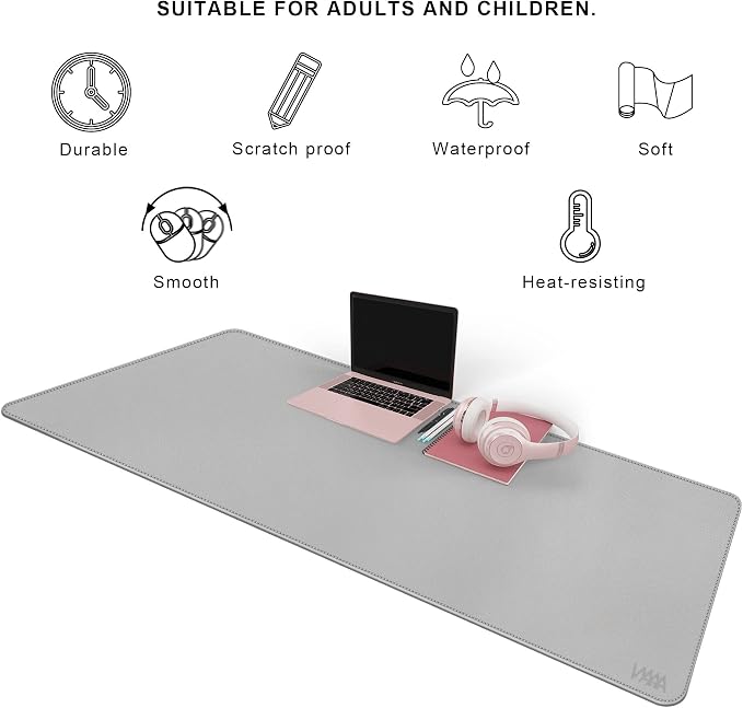 Vyaaa 55"x24"PU Leather Desk Mat, Large Desk Pad & Mouse Pad, Waterproof Office Desk Mat for Home Office, Gaming, Writing,Computer Desk Protector (Light Gray)