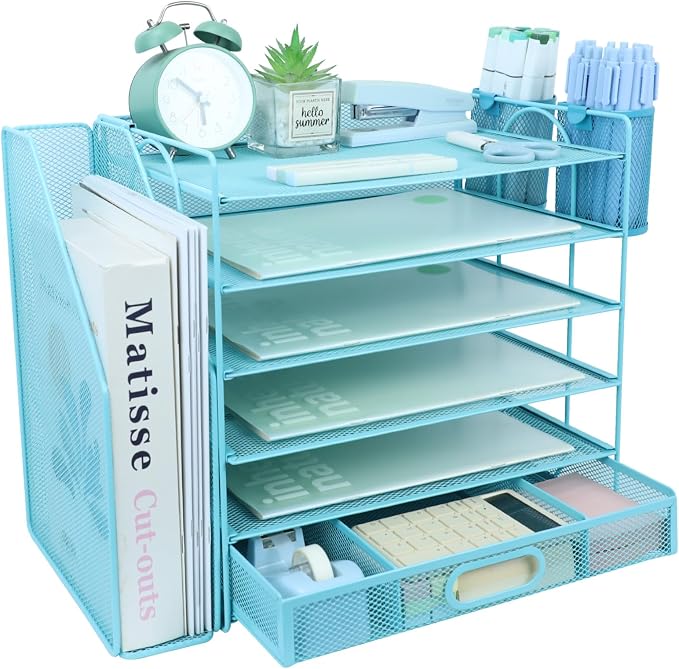 Desk Organizers and Accessories with File Holder, 6-Tier Paper Letter Tray Organiser with Drawer and 2 Pen Holder, Mesh Desktop Document Organizer for Office Supplies, Workspace - Blue