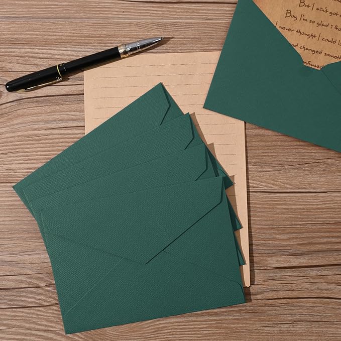 48 Pieces Stationery Set with Envelopes (24 Kraft Paper Sheets + 12 Linen Texture Envelopes+12 Wax Seal Stickers), Stationery Letter Writing Paper Set for Love Letters and Party Invitations(Green)