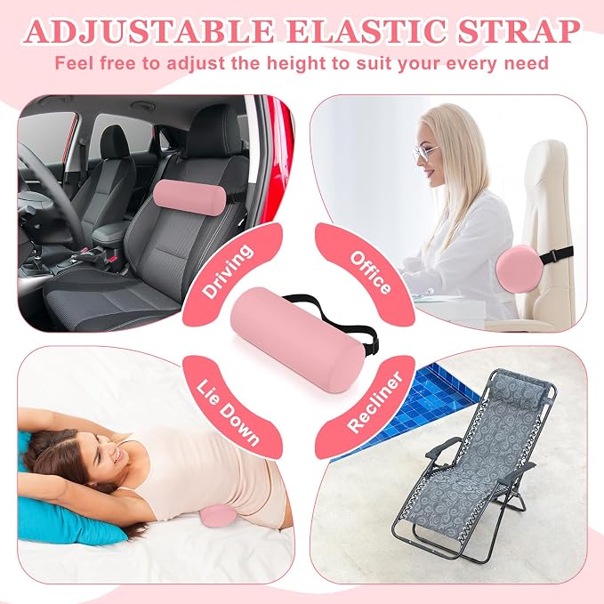 Wenqik 2 Pcs Lumbar Roll Support Pillow Low Back Lumbar Support Office Seat Cushion with Adjustable Strap and Washable Cover for Travel Gaming Chair Car Seat Pain Relief(Pink)