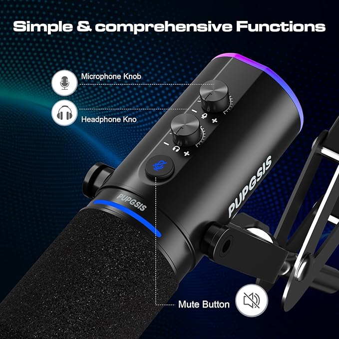 PUPGSIS XLR/USB Podcast Microphone, Gaming Mic with Mute Button, Reverb Effects, Noise Cancellation, Boom Arm Stand, Headphones Jack, Dynamic Microphone for Streaming/Recording/Gaming/Vocal-Black