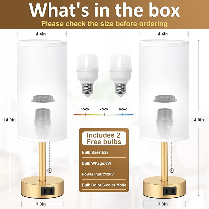 Fenmzee Gold Bedside Table Lamps Set of 2-3 Color Temperatures Pull Chain Lamp with AC Outlet Charging Port, Two Round Night Stand Lamps for Bedroom Office Living Room