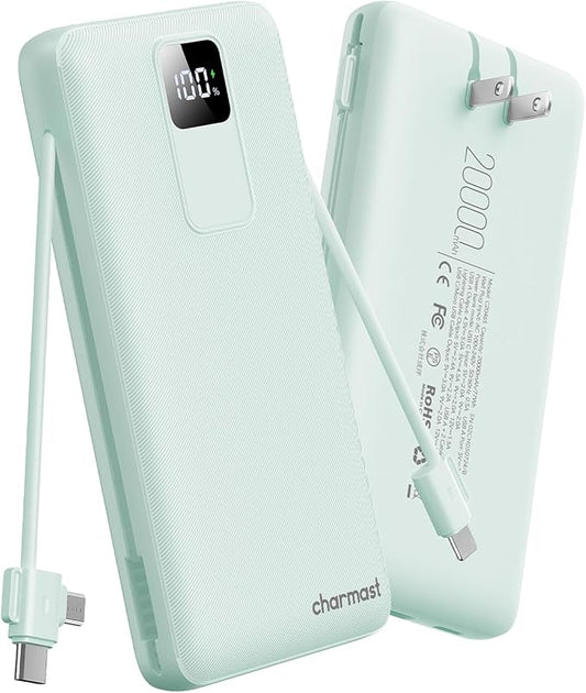 charmast Portable Charger with Built-in Wall Plug and Cables, 20000mAh Power Bank Travel Essentials, 20W Fast Charging Battery Pack Compatible with iPhone 17/16/15/14/13/12/11, Samsung, Android